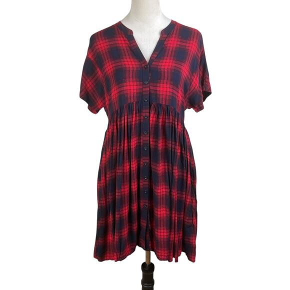 11.1 Tylho S Red Plaid Short Sleeve Button V-Neck Tunic Shirt Dress Pockets - Picture 1 of 12
